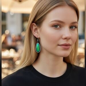 NWT Green Teardrop Earrings with Metallic Setting